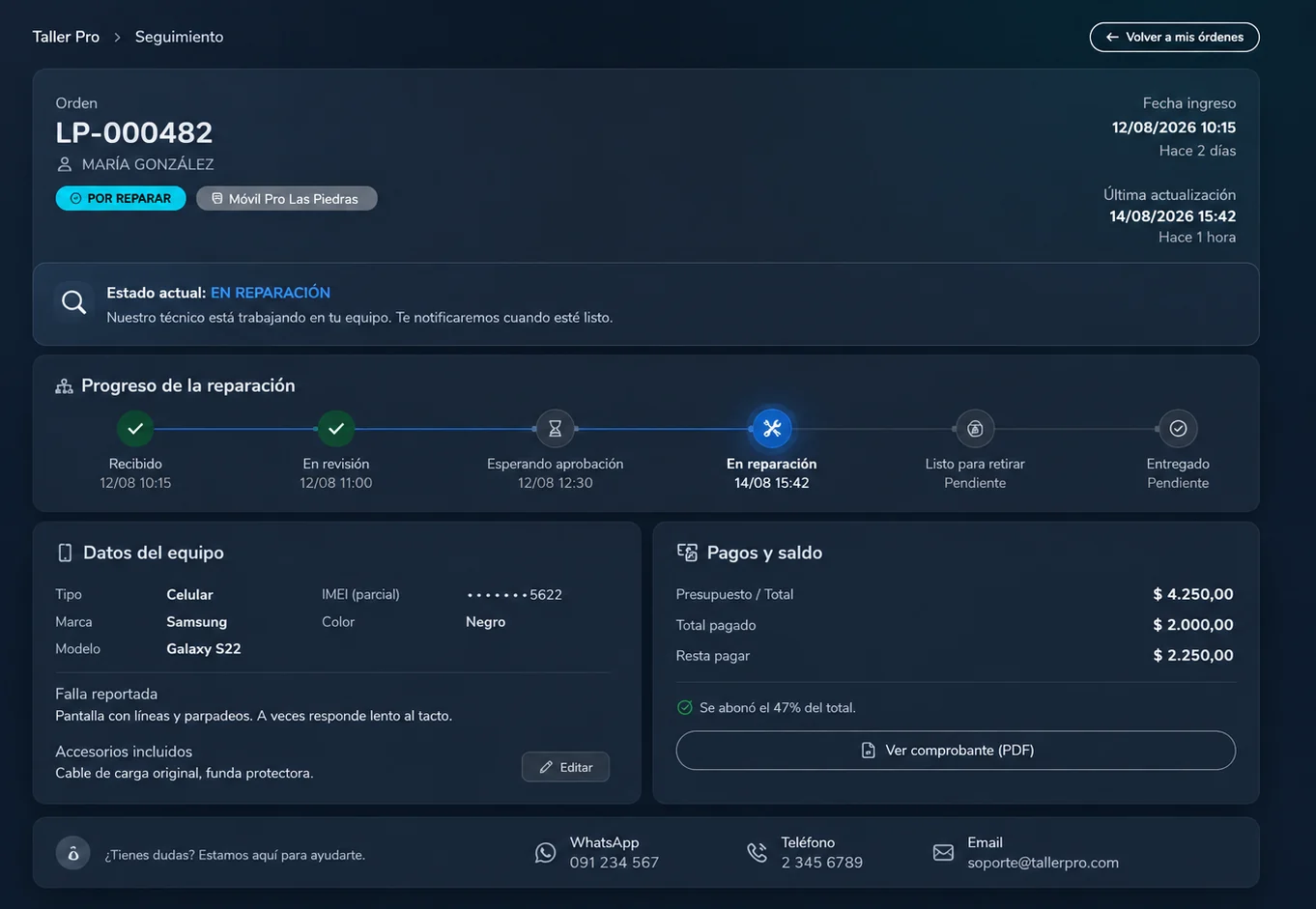Pantalla de seguimiento del progreso de una reparación en Taller Pro